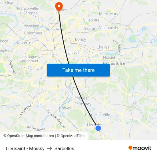 Lieusaint - Moissy to Sarcelles map