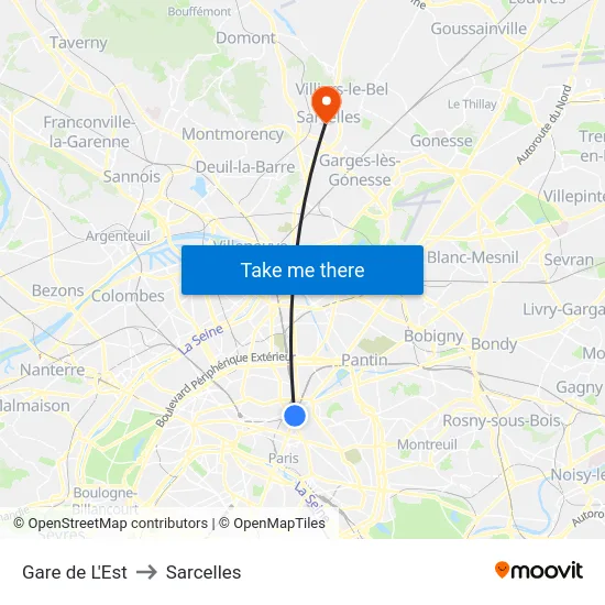 Gare de L'Est to Sarcelles map