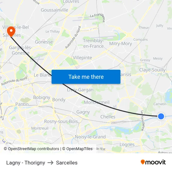 Lagny - Thorigny to Sarcelles map