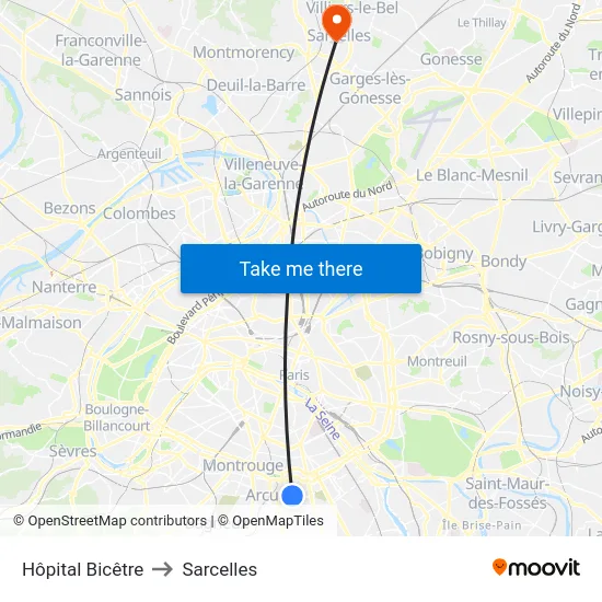 Hôpital Bicêtre to Sarcelles map