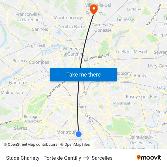 Stade Charléty - Porte de Gentilly to Sarcelles map