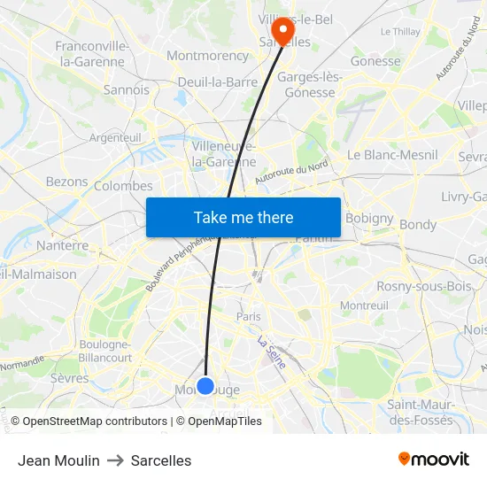 Jean Moulin to Sarcelles map