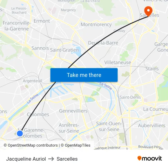 Jacqueline Auriol to Sarcelles map