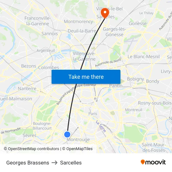 Georges Brassens to Sarcelles map