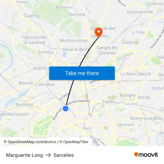 Marguerite Long to Sarcelles map