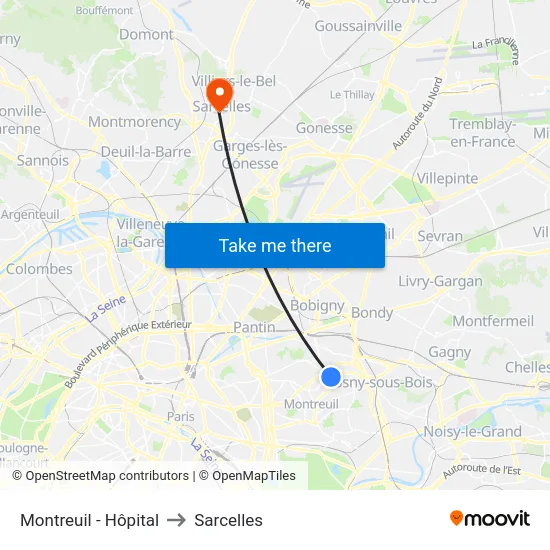 Montreuil - Hôpital to Sarcelles map