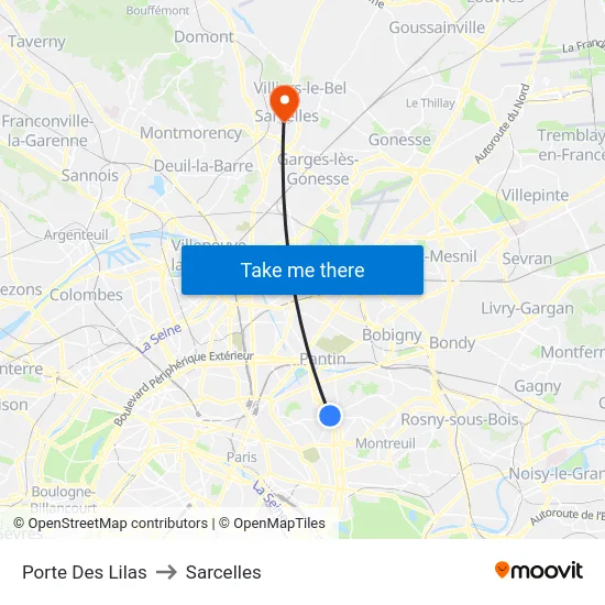 Porte Des Lilas to Sarcelles map