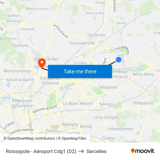Roissypole - Aéroport Cdg1 (D2) to Sarcelles map