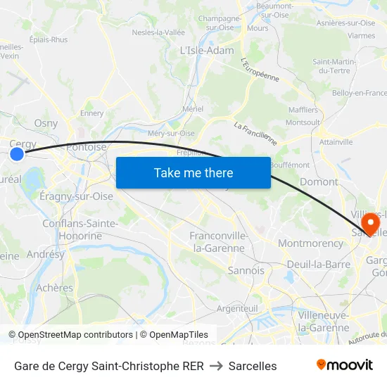Gare de Cergy Saint-Christophe RER to Sarcelles map
