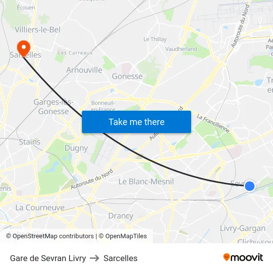 Gare de Sevran Livry to Sarcelles map