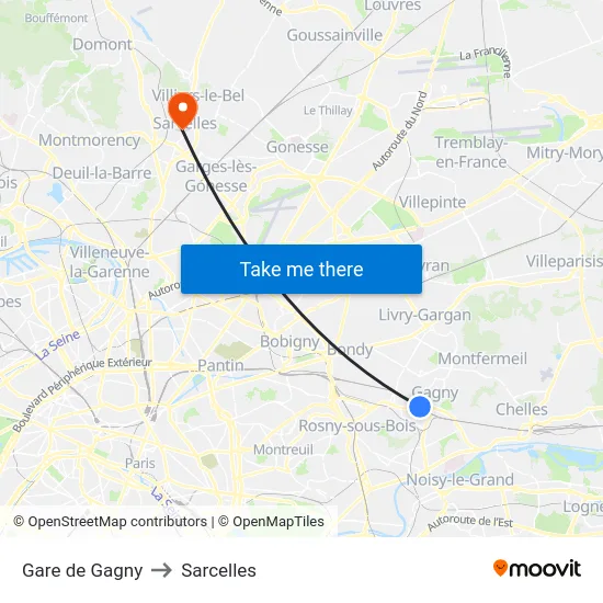 Gare de Gagny to Sarcelles map