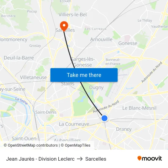 Jean Jaurès - Division Leclerc to Sarcelles map