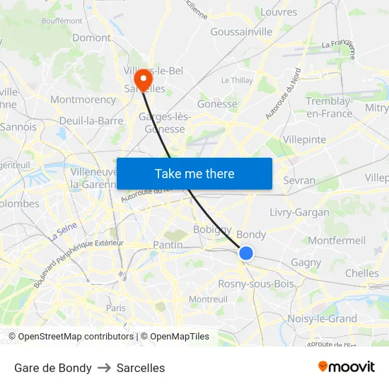 Gare de Bondy to Sarcelles map
