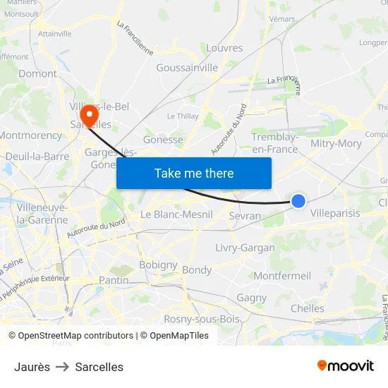 Jaurès to Sarcelles map
