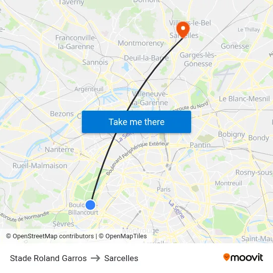 Stade Roland Garros to Sarcelles map