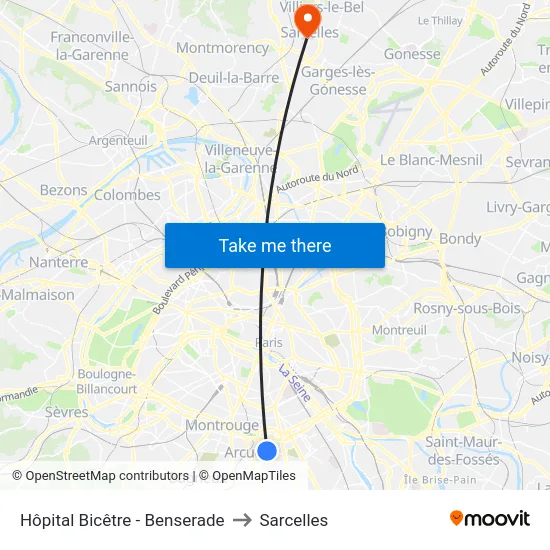 Hôpital Bicêtre - Benserade to Sarcelles map