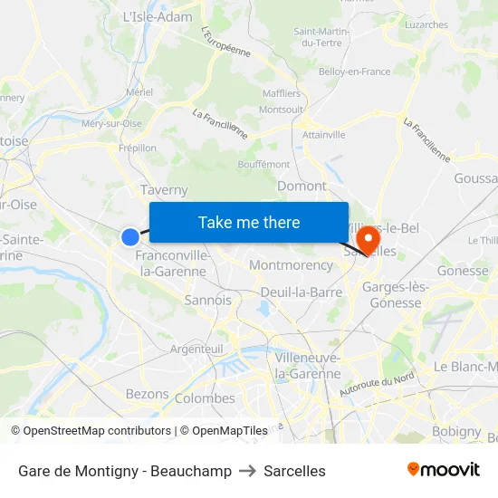 Gare de Montigny - Beauchamp to Sarcelles map