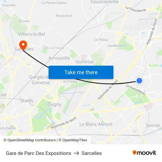 Gare de Parc Des Expositions to Sarcelles map