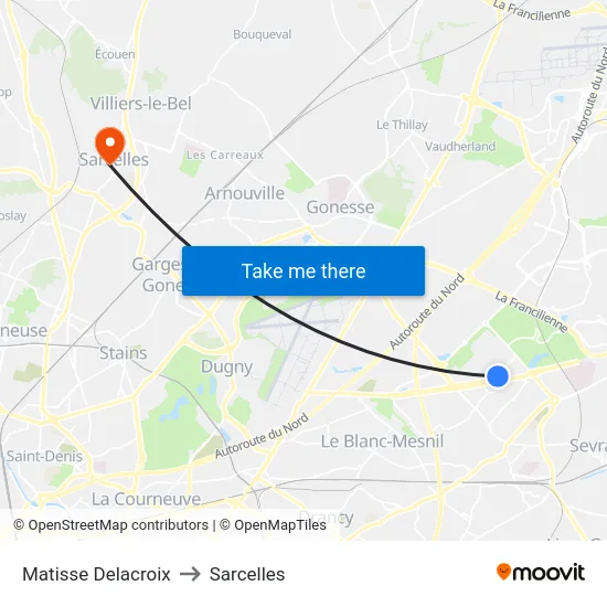 Matisse Delacroix to Sarcelles map