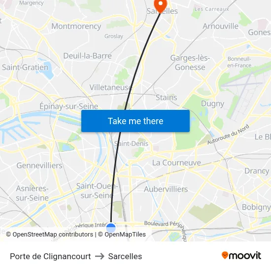 Porte de Clignancourt to Sarcelles map