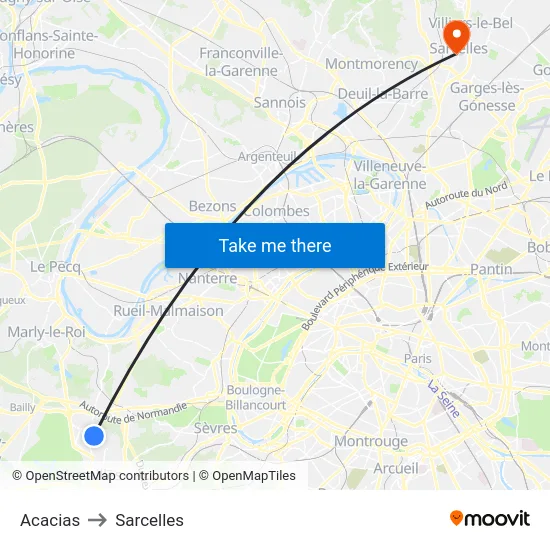 Acacias to Sarcelles map