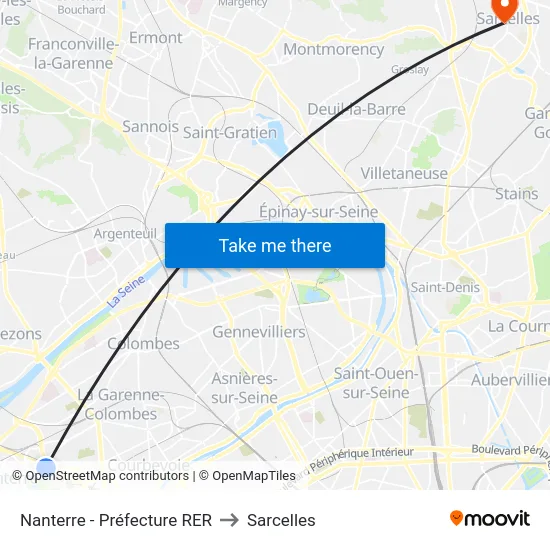 Nanterre - Préfecture RER to Sarcelles map