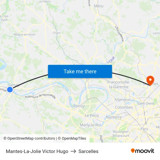 Mantes-La-Jolie Victor Hugo to Sarcelles map