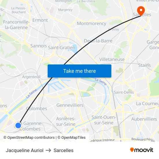 Jacqueline Auriol to Sarcelles map
