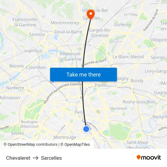 Chevaleret to Sarcelles map