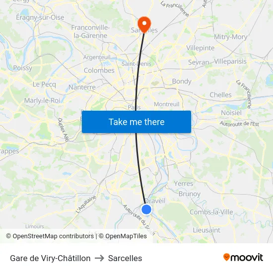Gare de Viry-Châtillon to Sarcelles map