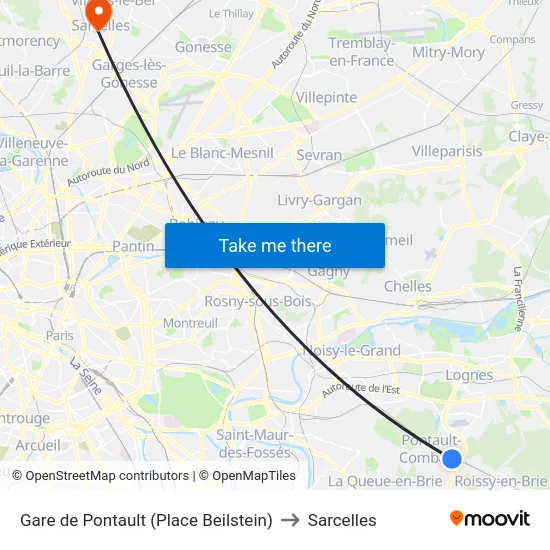 Gare de Pontault (Place Beilstein) to Sarcelles map