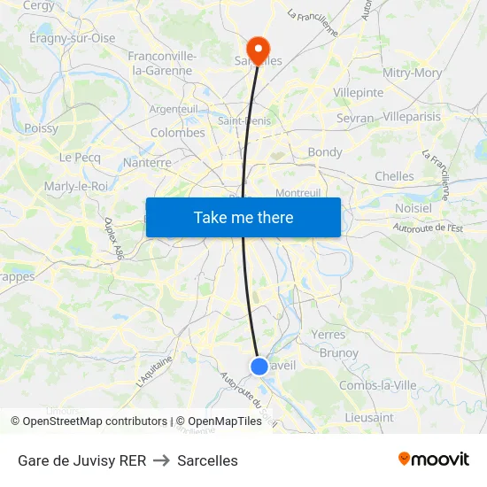 Gare de Juvisy RER to Sarcelles map