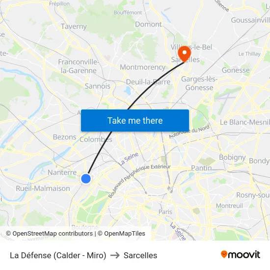 La Défense (Calder - Miro) to Sarcelles map