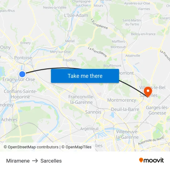 Miramene to Sarcelles map