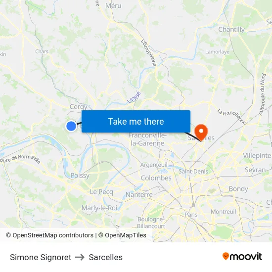 Simone Signoret to Sarcelles map