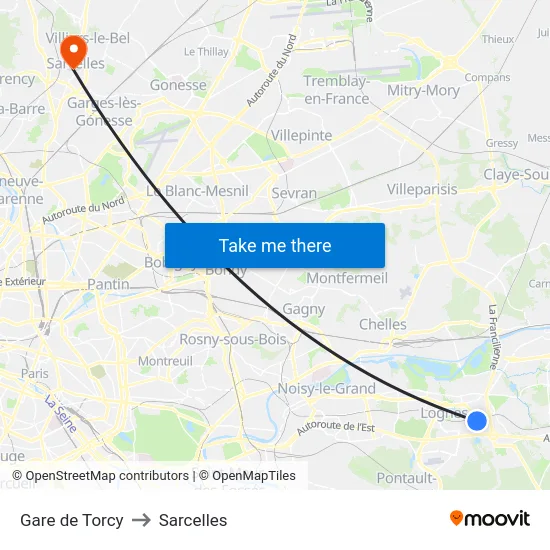 Gare de Torcy to Sarcelles map