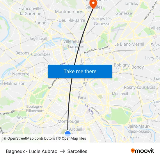 Bagneux - Lucie Aubrac to Sarcelles map