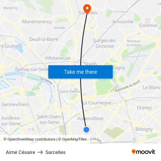 Aimé Césaire to Sarcelles map