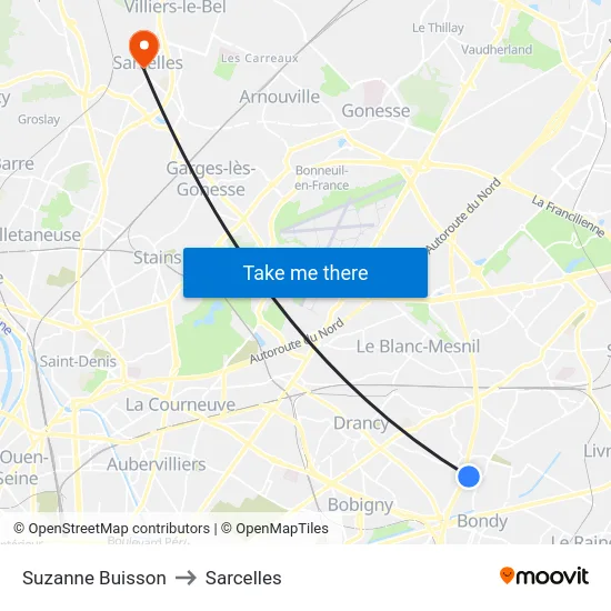 Suzanne Buisson to Sarcelles map