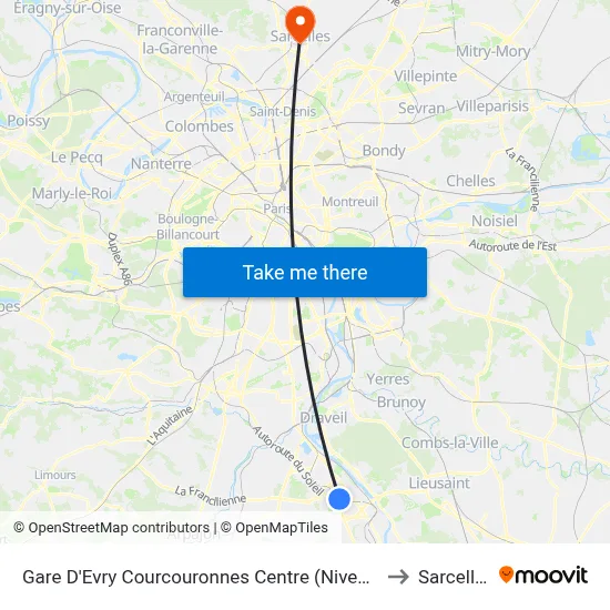 Gare D'Evry Courcouronnes Centre (Niveau 0) to Sarcelles map