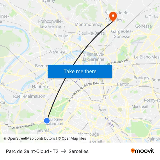 Parc de Saint-Cloud - T2 to Sarcelles map