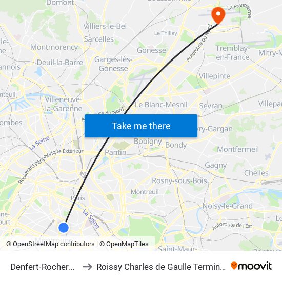 Denfert-Rochereau to Roissy Charles de Gaulle Terminal 1 map