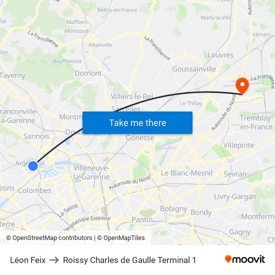 Léon Feix to Roissy Charles de Gaulle Terminal 1 map