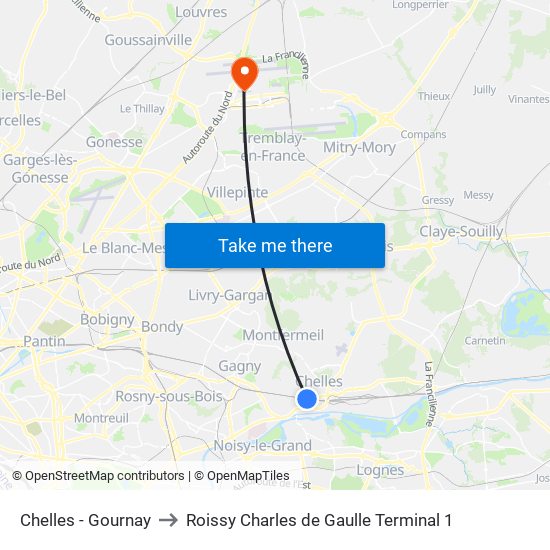 Chelles - Gournay to Roissy Charles de Gaulle Terminal 1 map