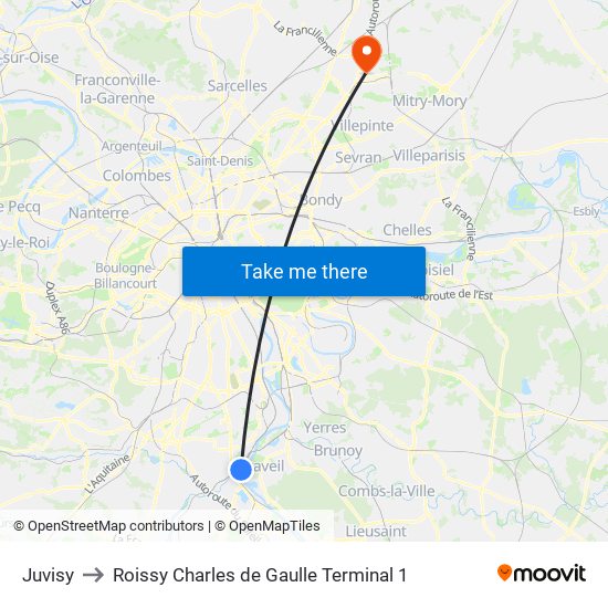 Juvisy to Roissy Charles de Gaulle Terminal 1 map
