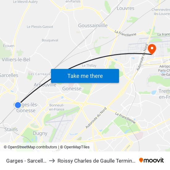 Garges - Sarcelles to Roissy Charles de Gaulle Terminal 1 map