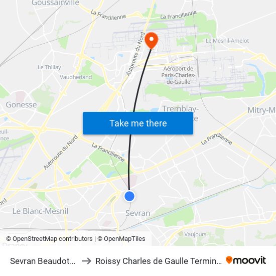 Sevran Beaudottes to Roissy Charles de Gaulle Terminal 1 map