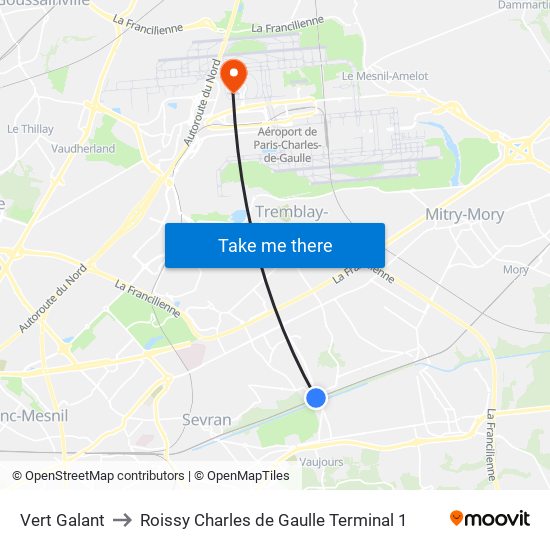 Vert Galant to Roissy Charles de Gaulle Terminal 1 map