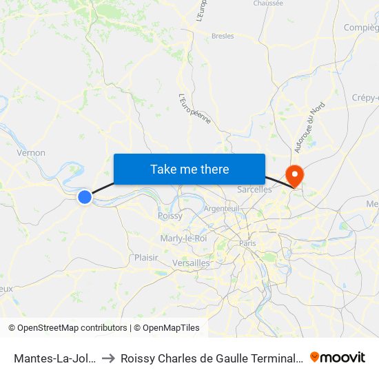 Mantes-La-Jolie to Roissy Charles de Gaulle Terminal 1 map