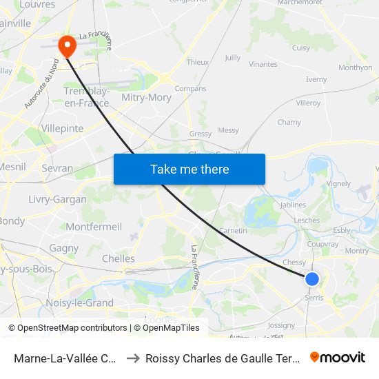 Marne-La-Vallée Chessy to Roissy Charles de Gaulle Terminal 1 map
